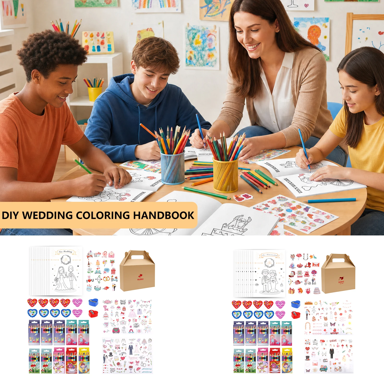 

10 Pack Wedding Coloring Activity Kit with 6 Color Pencil Sticker and Box Wedding Coloring Book Fun Activity for Young Guest