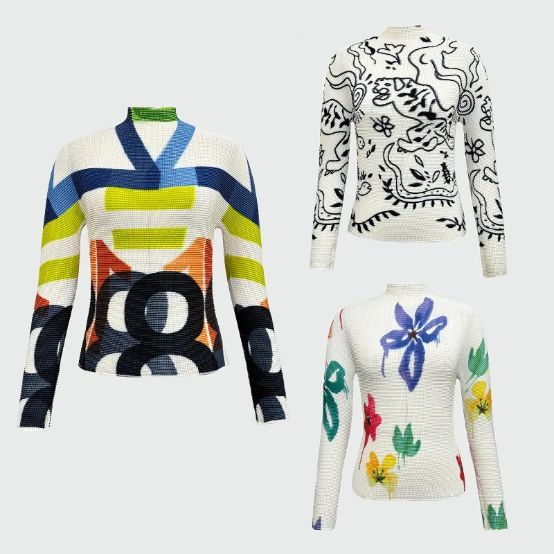 

Miyake футболка с высоким воротником и длинными рукавами 2026Новый модный удобный тонкий тонкий эластичный пуловер с принтом женский без морщин