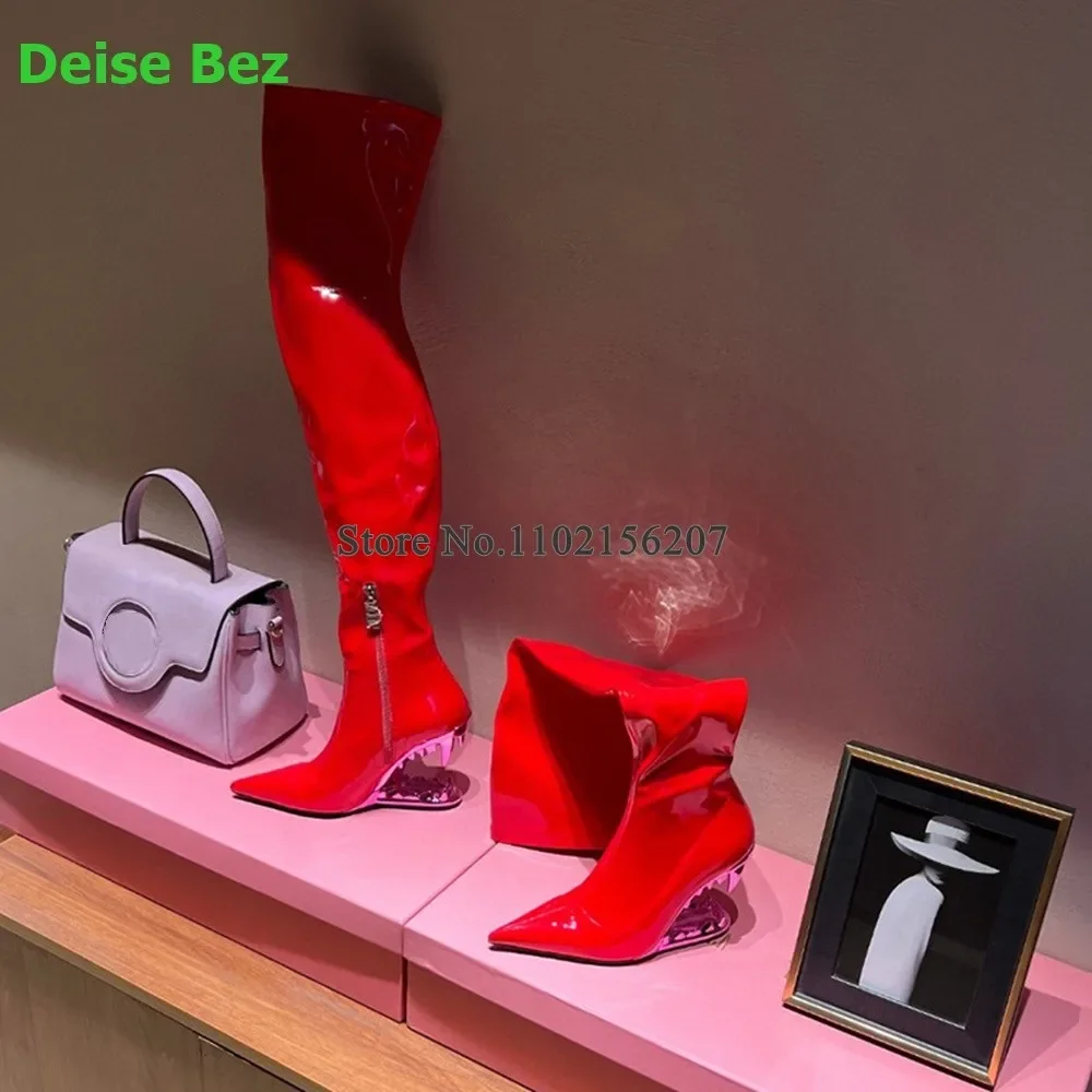 Wolf Tooth Strange Heel Luxury Boots For Female Women Over-the-knee Solid Patent Leather Pointed Toe Side Zipper Fashion Shoes