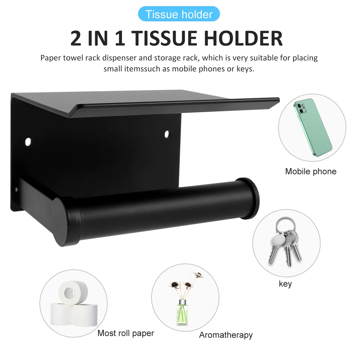 Wall Mounted Toilet Paper Holder Storage Rack with Phone support for Bathroom Kitchen Washroom No Drilling Required