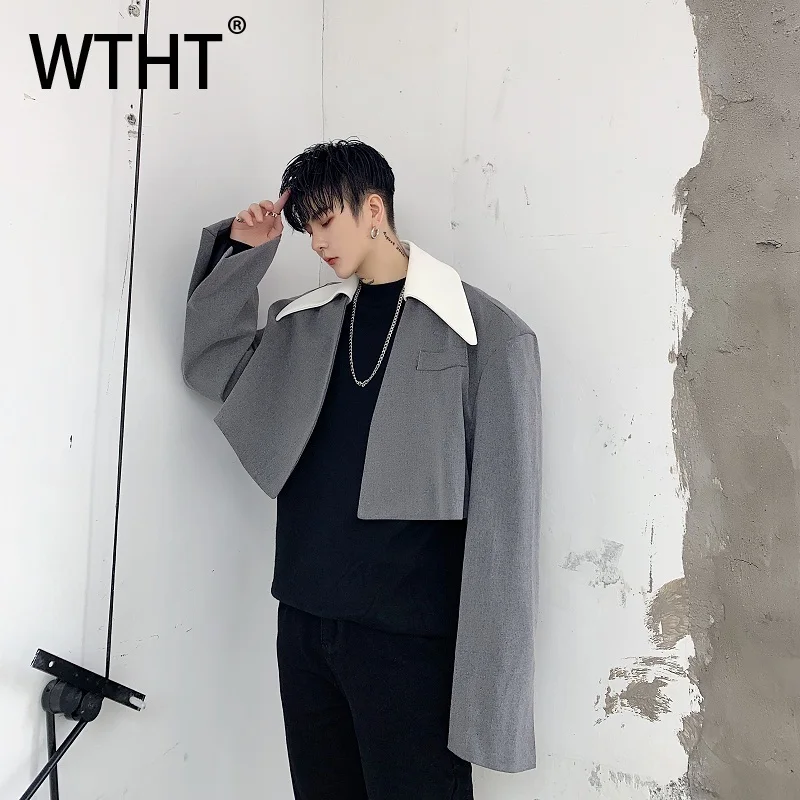 

WTHT Fashion Men's Spliced Contrast Color Loose Blazer Coats Trendy 2025 Summer Long Sleeves Turn Down Collar Jacket Male 2A1152