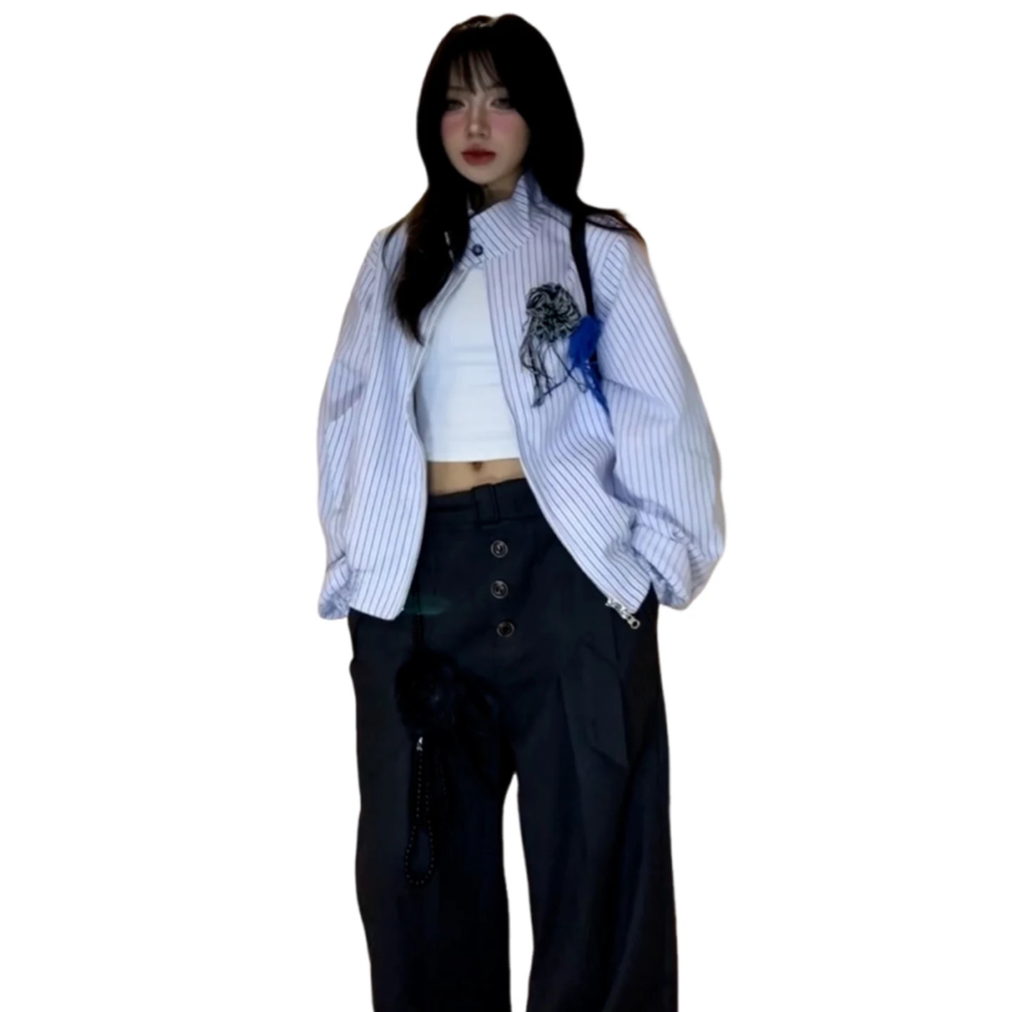 Amerikaans retro borstbloemjack voor dames in de lente / herfst 2022, nieuw designgevoel, collegestijl los gestreept jasje