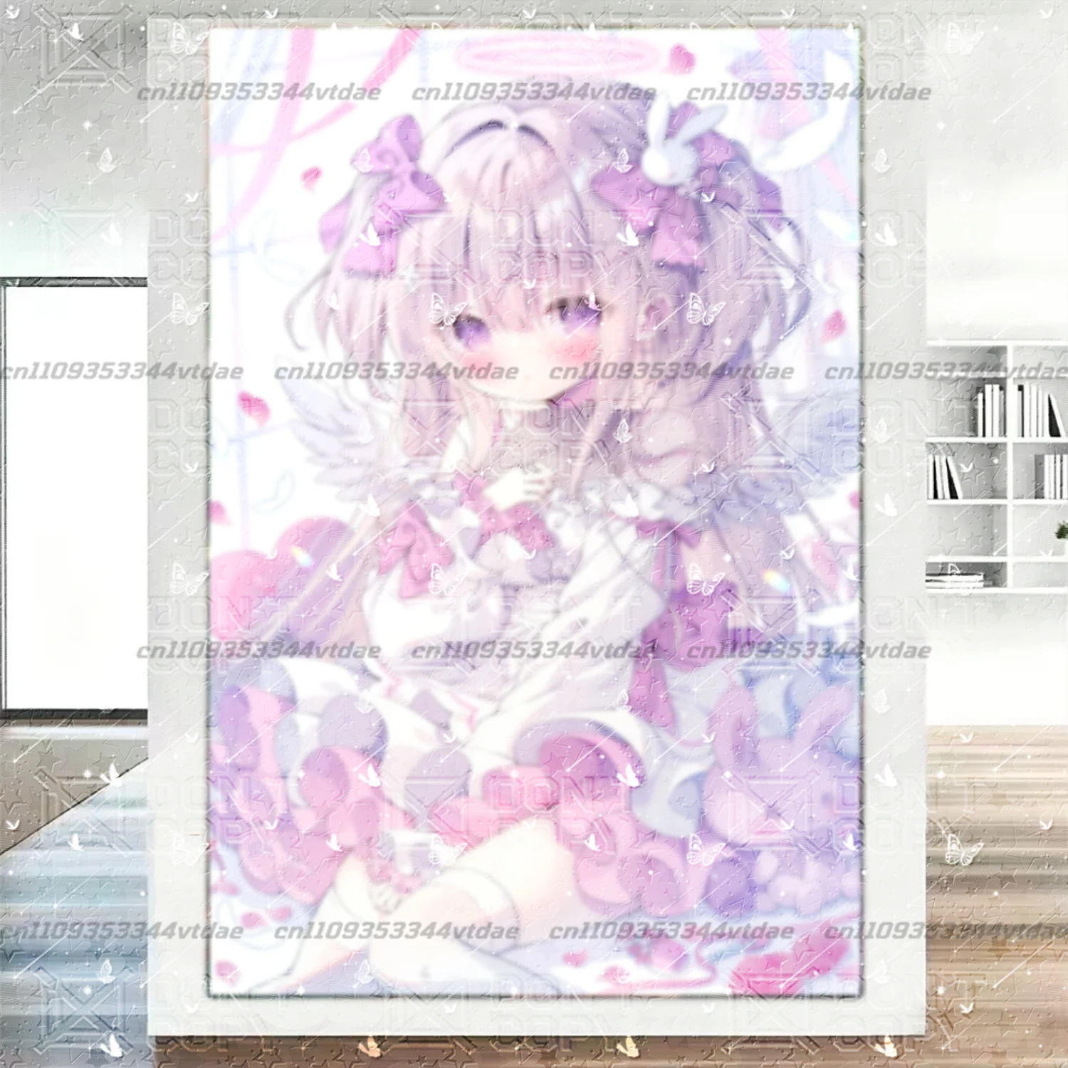 Cute Angel Lolita Girl Vertical Tapestry Wall Hanging Pastel Purple Bow Bunny Theme Fan‑Art Background Cloth Bedroom Dorm