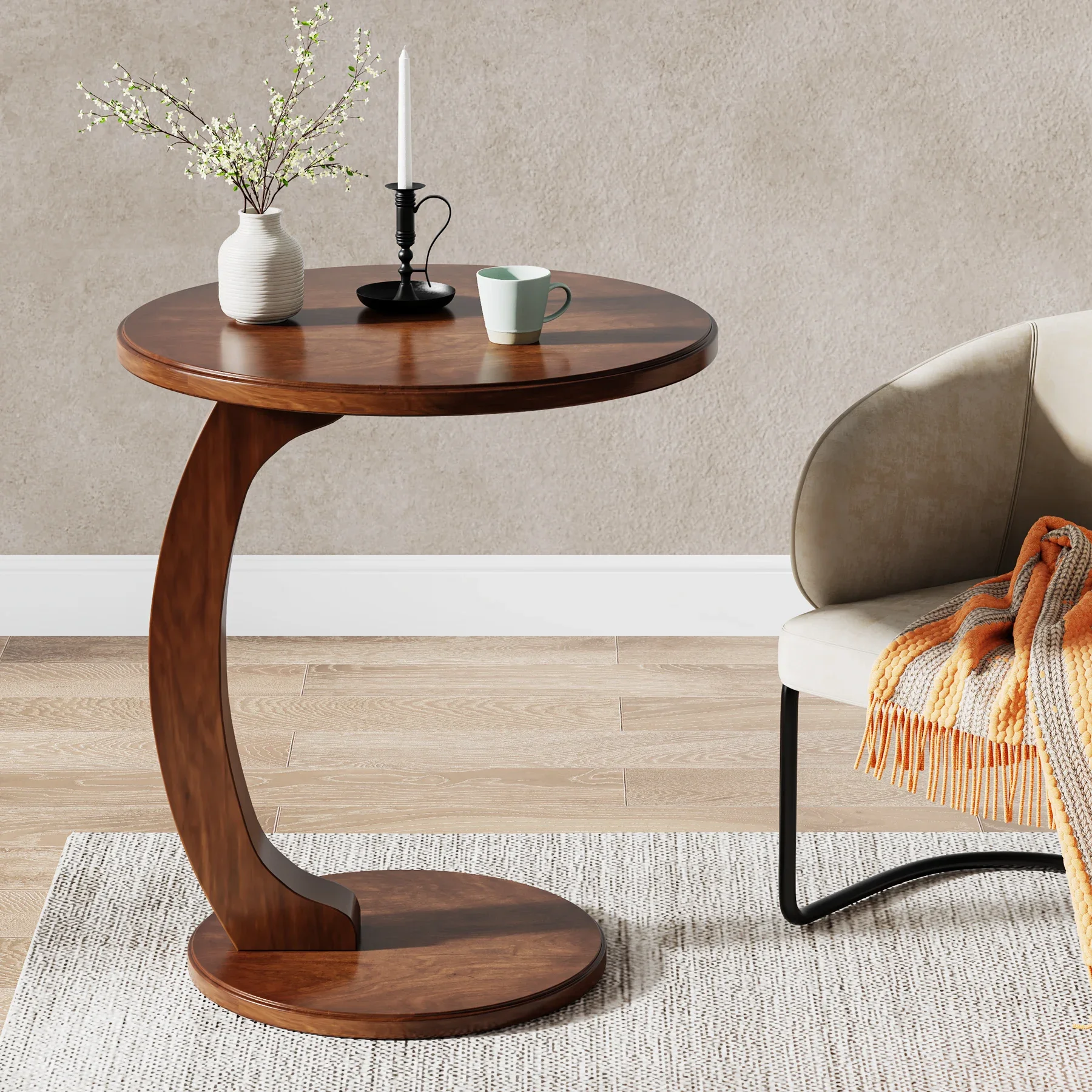 

Round End Table, Wood C-Shaped Side Table