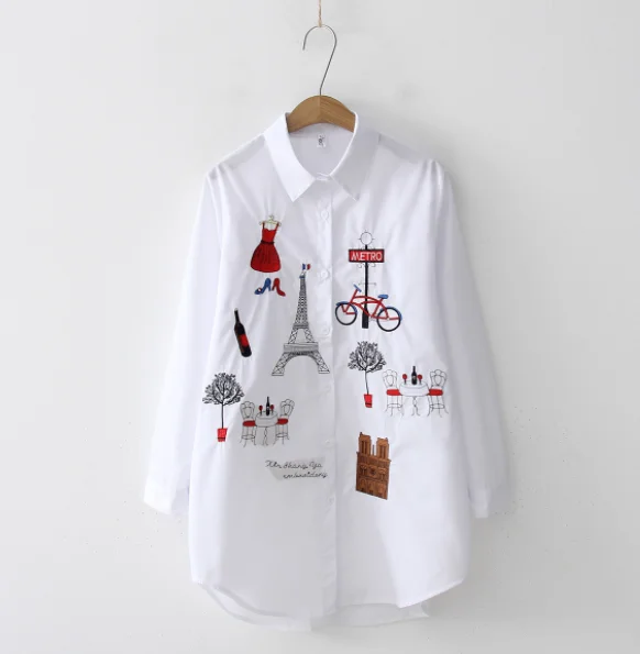 2022  White New Women Blouse Long Sleeve Cotton Embroidery Blouse Lady Casual Button Design Turn Down Collar Female Shirt