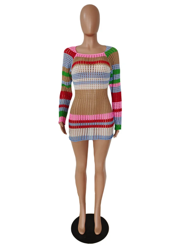 Weird Puss Coloful Knit Women Dress Contrast Color Striped Round Neck Long Sleeve Skinny Autumn Vacation Streetwear Y2K Bodycon