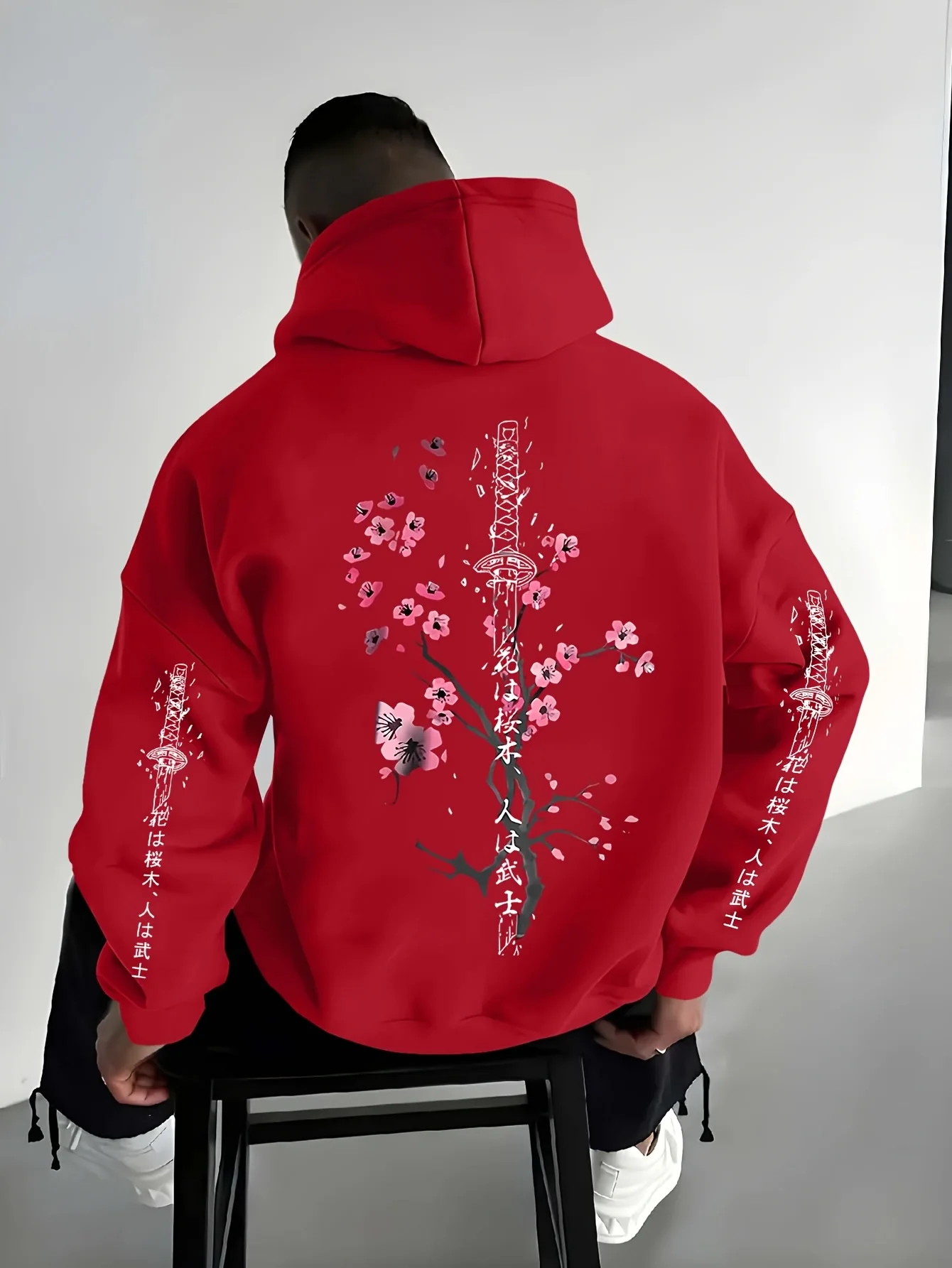 Herren-Hoodie im japanischen orientalischen Stil für Herbst und Winter mit Samurai-Schwert- und Sakura-Tuschemalerei-Print, lässiger Streetwear-Fleece-Pullover – Detail 4