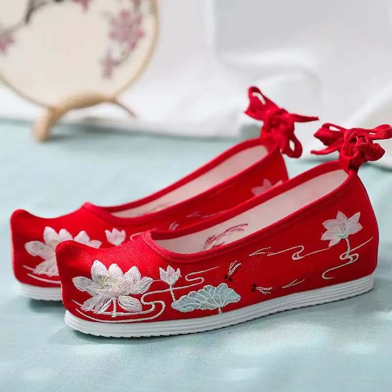 Traditional Cloth Shoes Upturned Bow Shoes Hanfu Shoes Ancient Style Lace Up Ancient Embroidered Shoes Elevated Dance Shoes