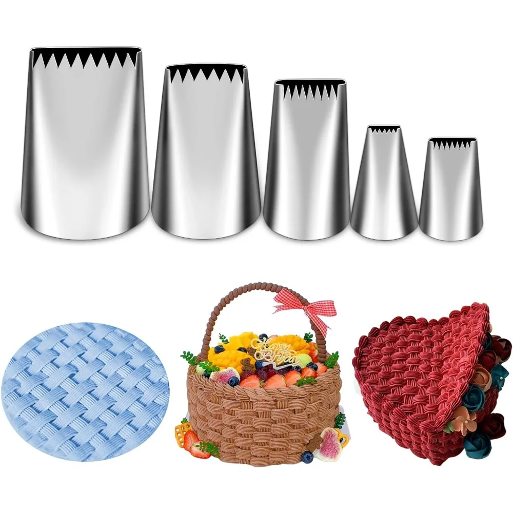 

5 Pieces Basketweave Piping Tips Set,Stainless Steel Half Row Braided Flower Cake Decorating Tips, Frosting Icing Tips fo