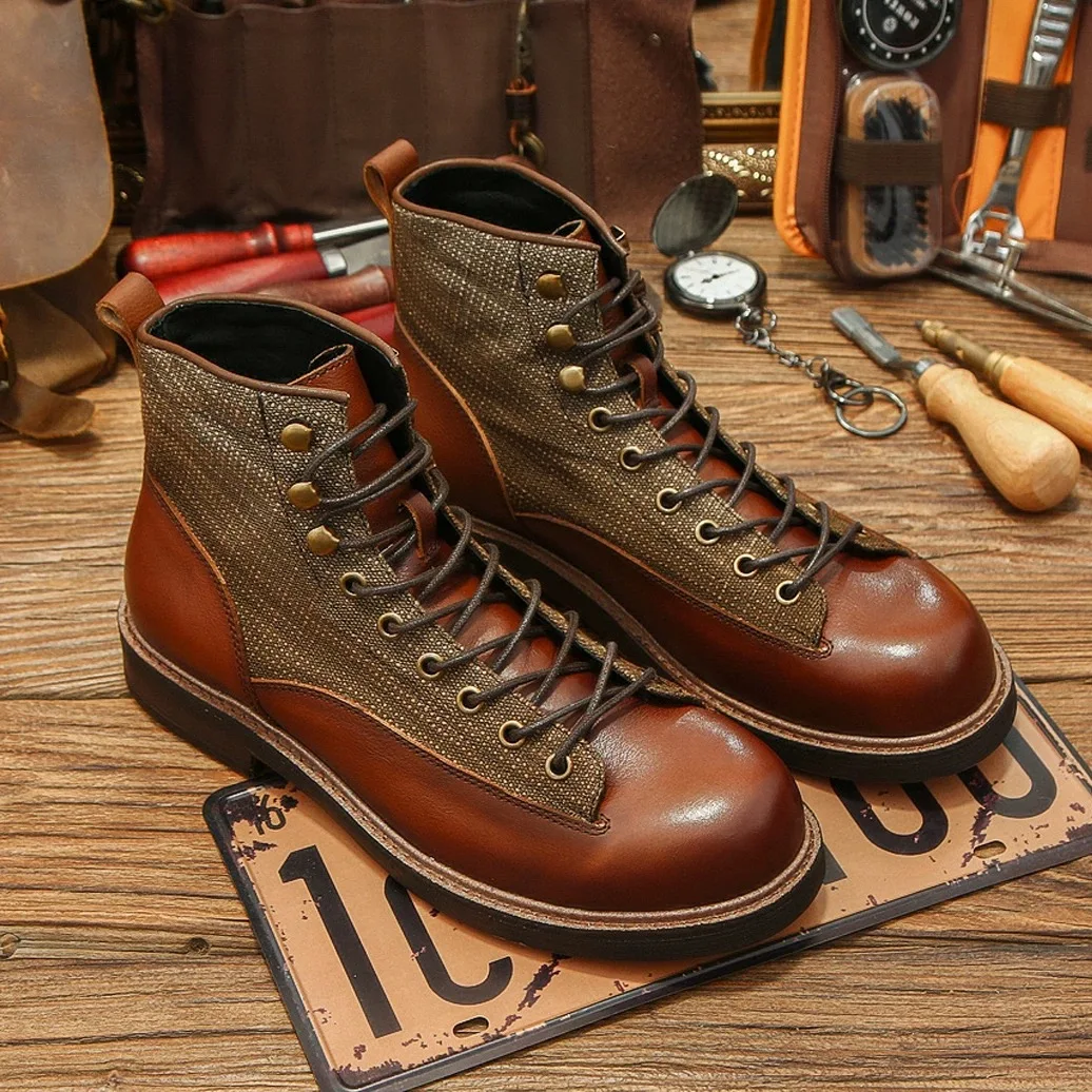 

Autumn Winter New High Top Men's Boots Leather Stitching Briti Sle Retro Patchwork oes Wear Resistant Rubber Sole