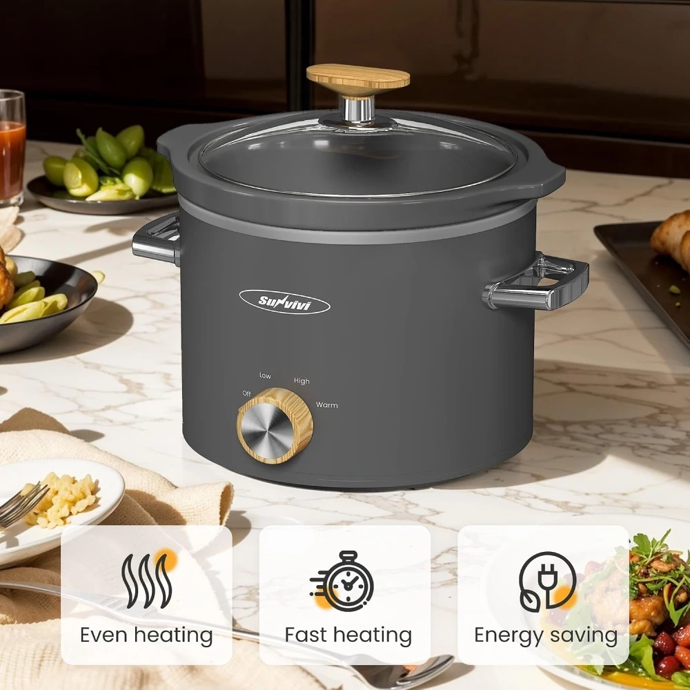 Small Slow Cooker with Removable Ceramic Pot, Food Warmer with 3 Heating Settings & Dishwasher Safe Glass Lid, Grey