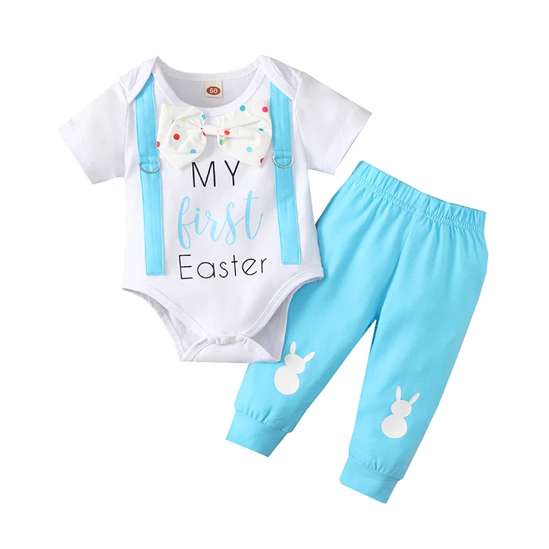 

Baby Romper Tops Pants Suit Short Sleeve Round Neck Buttons Letters Easter Shirt Casual Loose Summer Jogger Trousers