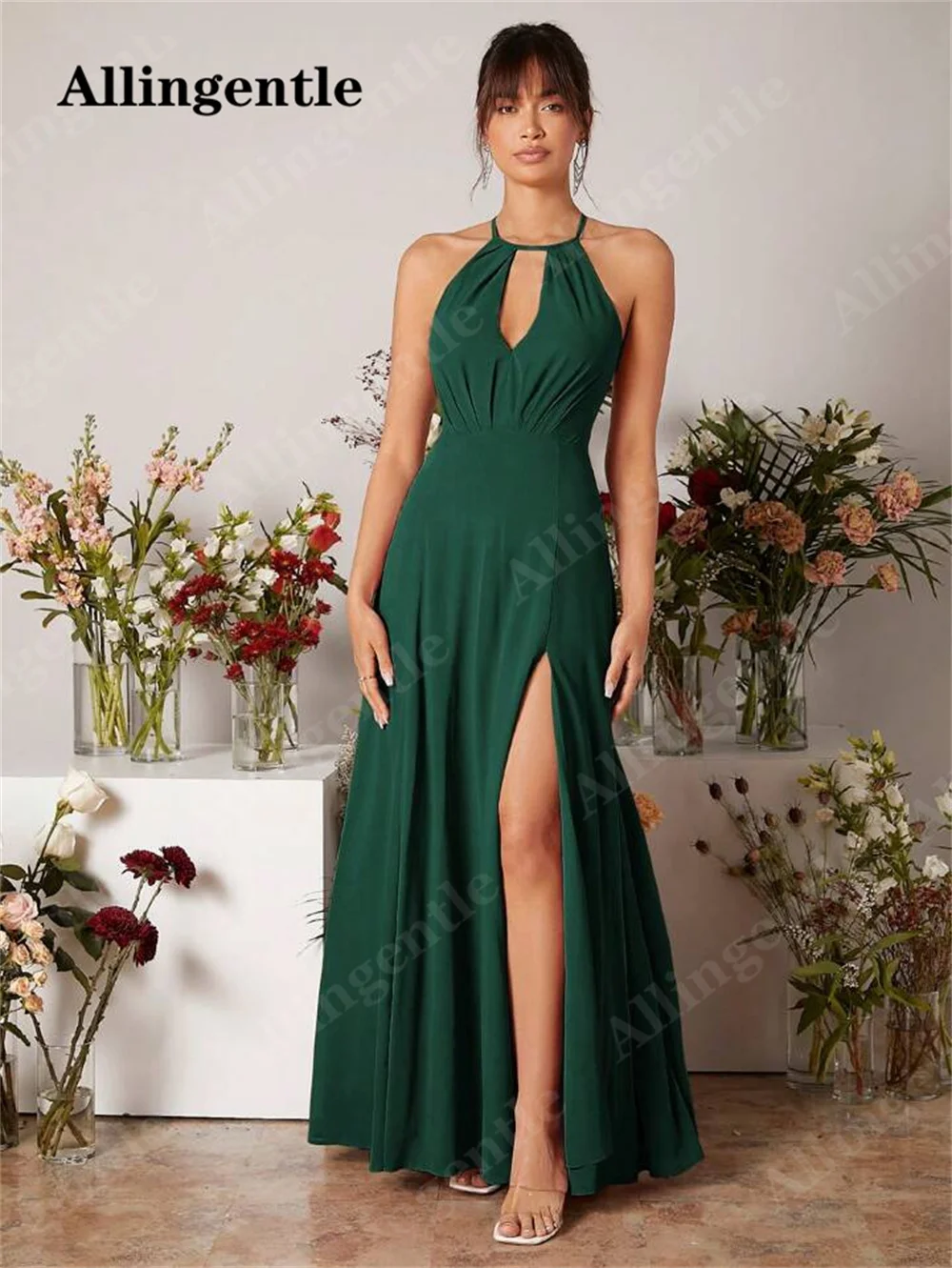 Allingentle Elegant Halter Chiffon Bridesmaid Dress Sleeveless A-line Side Slit Party Prom Gown Floor Length vestidos de noche