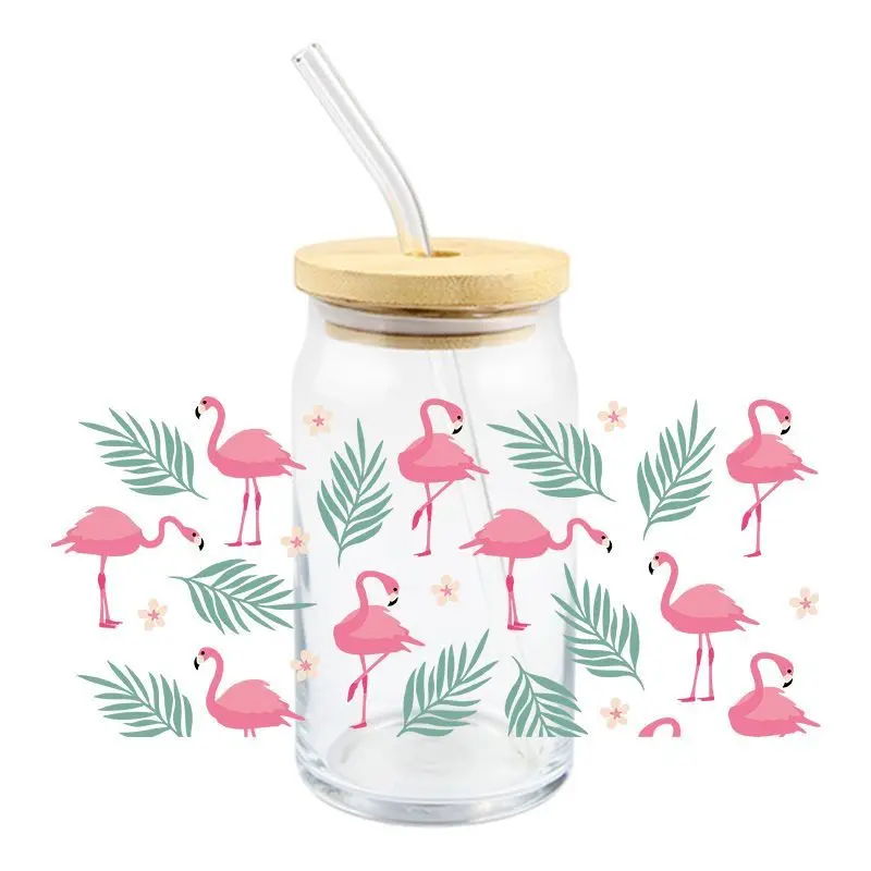 Cartoon Flamingo UV DTF Wrap Transfer Stickers Cute Prink Design DTF Wrap For Glasses Cups Mugs Wateproof Decal