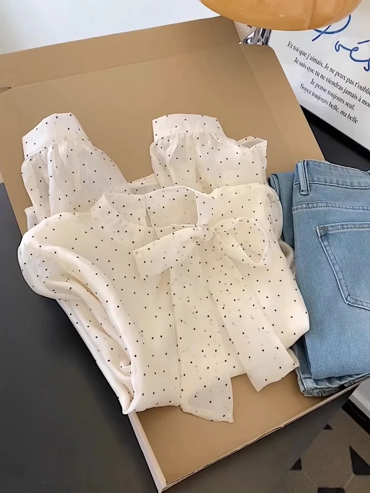 

Sweet Polka Dot Chiffon Shirt Women's Spring Summer Design Knot Side Tie Beautiful Small Top Trendy Korean Loose Fit