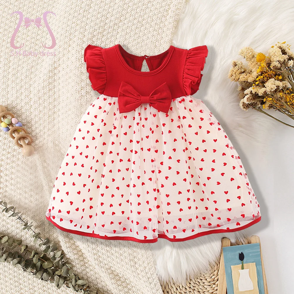 0-3 Y Kids Summer Little Flying Sleeve Dress Lovely Heart Children Clothing Sweet Bow Baby Girl Princess Birthday Party Dresses