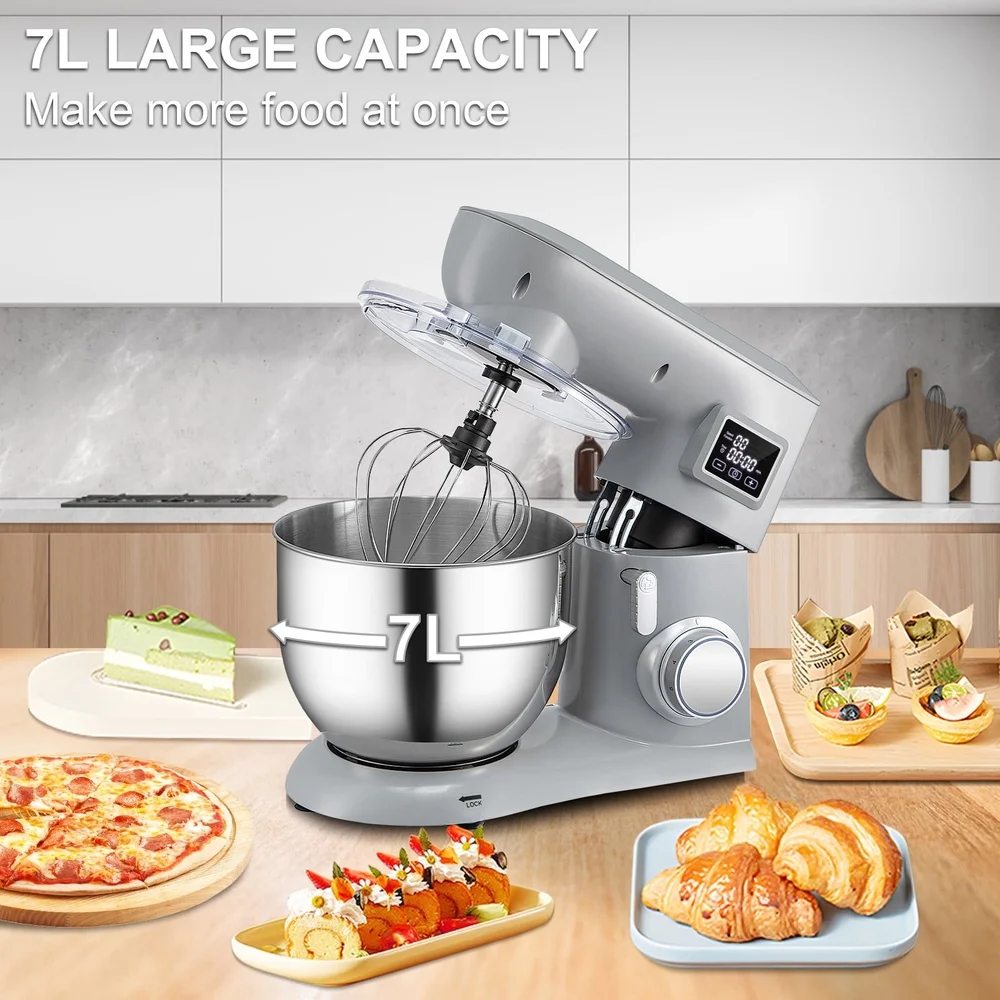 450W Stand Mixer 6 Speed Tilt Head Dough Mixer 7.4 Qt Stainless Bowl Digital Control Panel 3 Attachments Dishwasher Safe