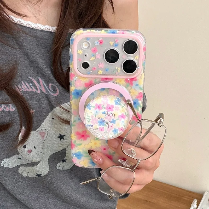 

Fashion Spring Colorful Little Flower Magnetic Phone Case For iPhone 17 Pro 15 16 Pro Max 14 Pro Cover with Quicksand Stand Case