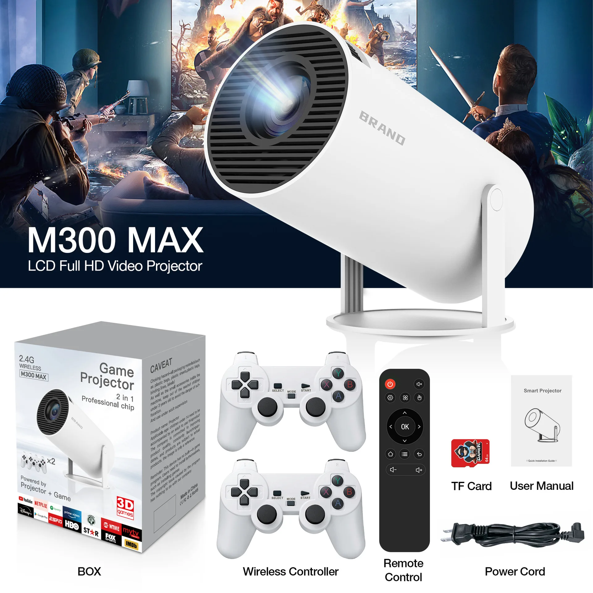 M300 MAX Retro  video game consoles Android11 system mini Portable Intelligent Projector 720p  Home Projector 64GB 46000+ games