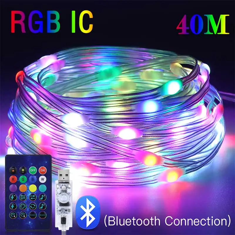 40M Led String RGB Light Smart Outdoor Festoon Party Leather Line IP65 Bluetooth Music Lamp String Fairy Lights Holiday Lighting