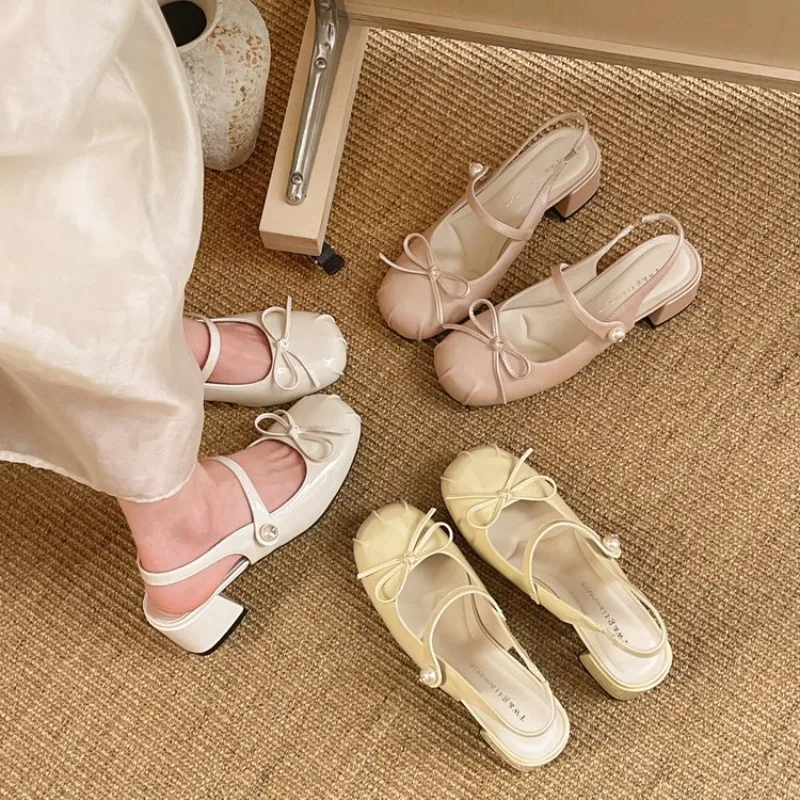 

Women Bow Pearl Slingback Sandals Square Toe Thick Heel Shoes Elegant Ladies Casual Summer Dress Party Pumps Shoes