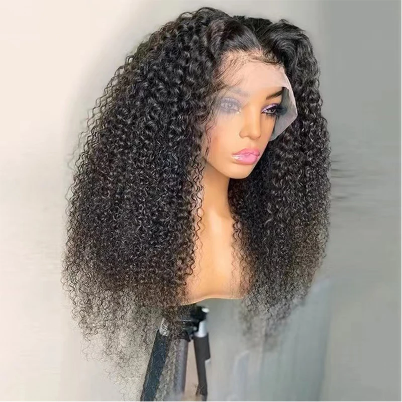 Peluca rizada de encaje frontal para mujer, pelo de bebé Natural, negro, suave, larga, 180de densidad, predesplumada diaria, resistente al calor, sin pegamento, 26 pulgadas