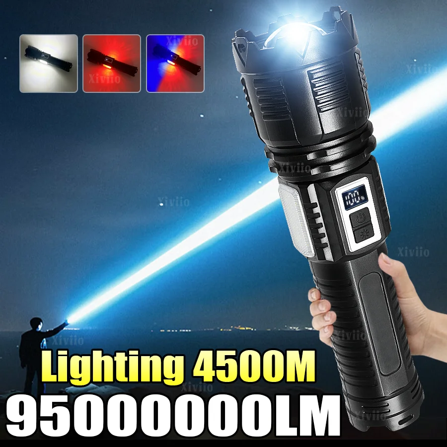 

Мощный светодиодный фонарь на солнечной батарее 9500000LM, перезаряжаемый, с ярким светом, высокой мощностью и дальностью действия 4500 м, для кемпинга и рыбалки