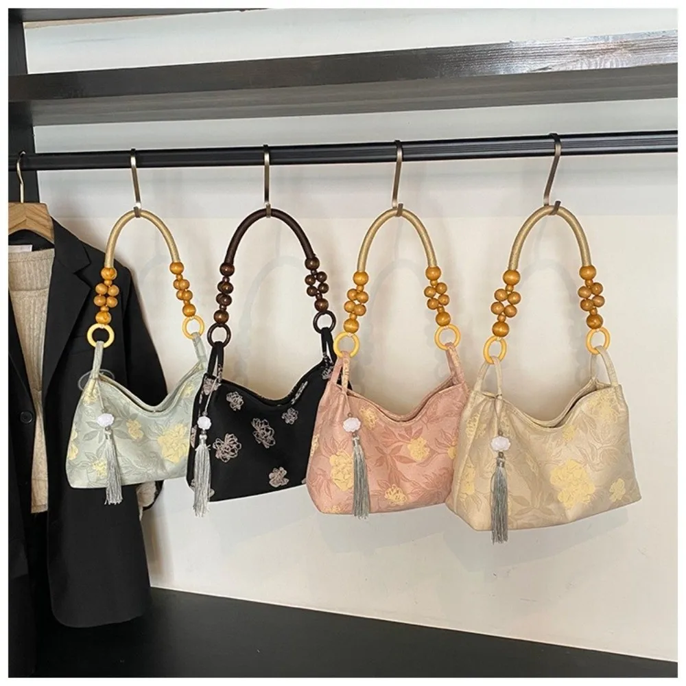 ​Medium Capacity​ Embroidered Shoulder Bag​ Hasp Sewing Thread Craft​ Flower Embroidery ​Tassel Pendant Bag​