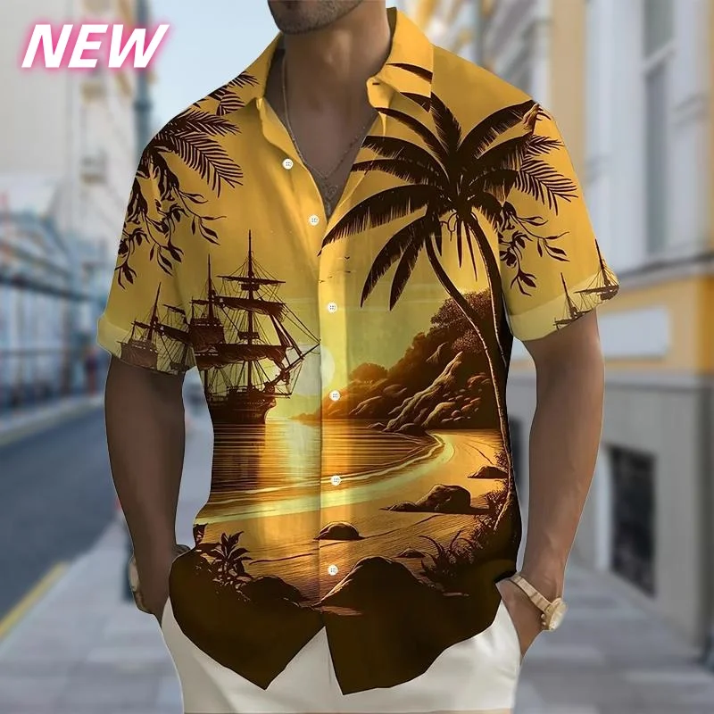 3D Printed Beach Tree Aloha Shirt for Men Colorful Sunset Graphic Blouses Casual Short Sleeve Hawalian Shirts Loose Street Tops