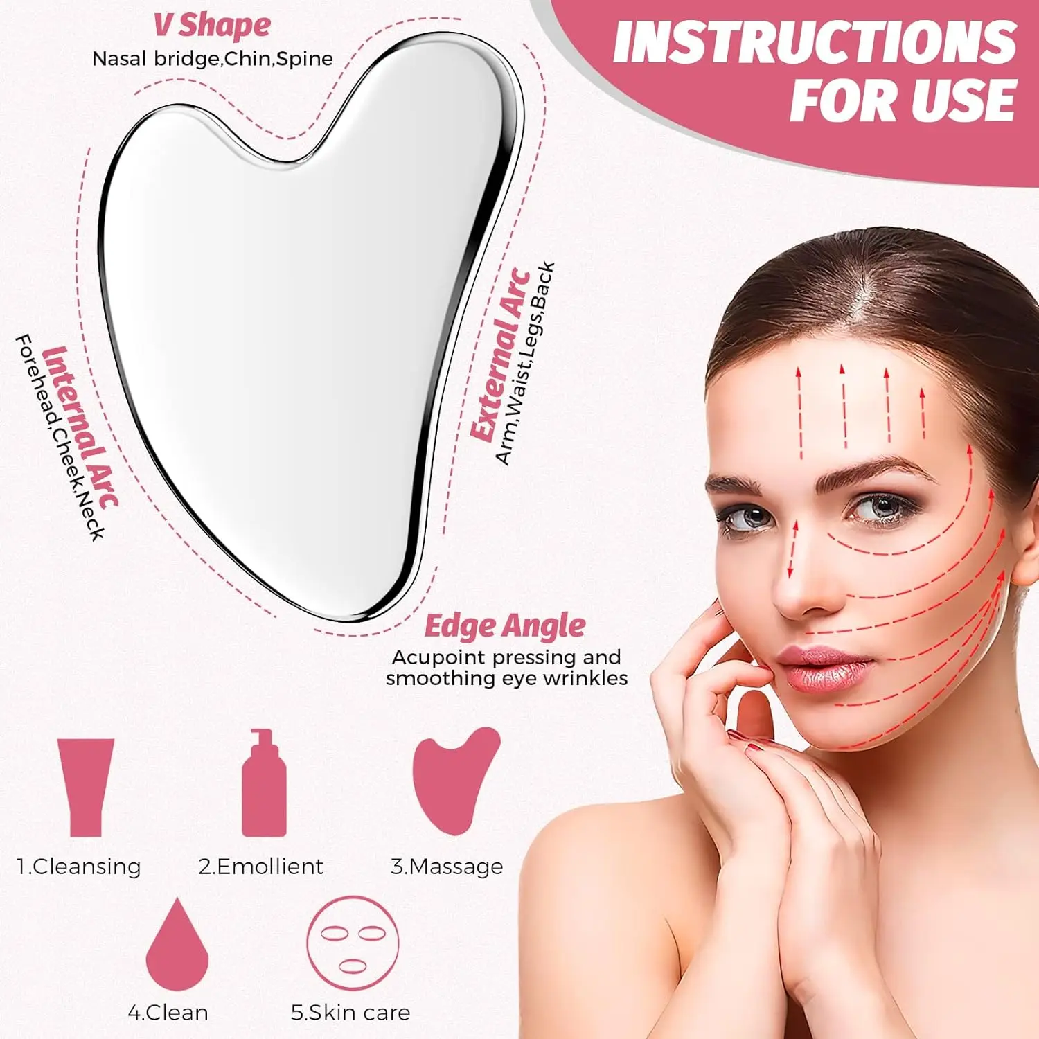 أدوات Gua Sha للوجه من الفولاذ المقاوم للصدأ ، أداة تدليك كشط ، علاج سبا للوجه Gua Sha ، SUS304