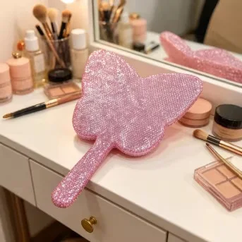 Ceramic Clay Inlaid Diamond Butterfly Shaped High-end Home Decoration Mirror Handheld Portable High-definition Makeup Mirror