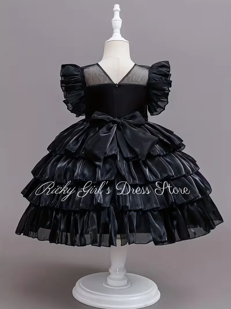 Girl Gown Black Flower Girl Dress For Wedding Layered Satin Bow Princess Dress With Sleeves Christmas Party Ball Gowns Custom