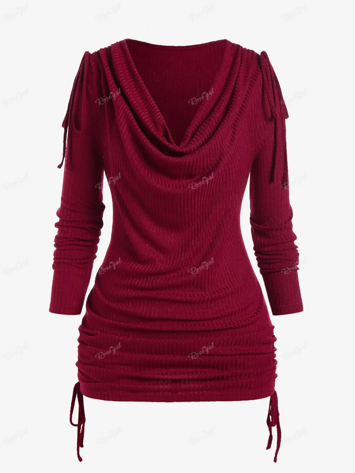 

ROSEGAL Plus Size Women's Ruched T-Shirt Deep Red Long Sleeve Knitted Top, Cowl Neck Rib-Knit Cinched Tee Autumn Fashion Blouse