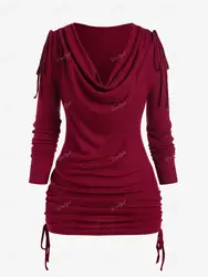 ROSEGAL Plus Size Women's Ruched T-Shirt Deep Red Long Sleeve Knitted Top, Cowl Neck Rib-Knit Cinched Tee Autumn Fashion Blouse