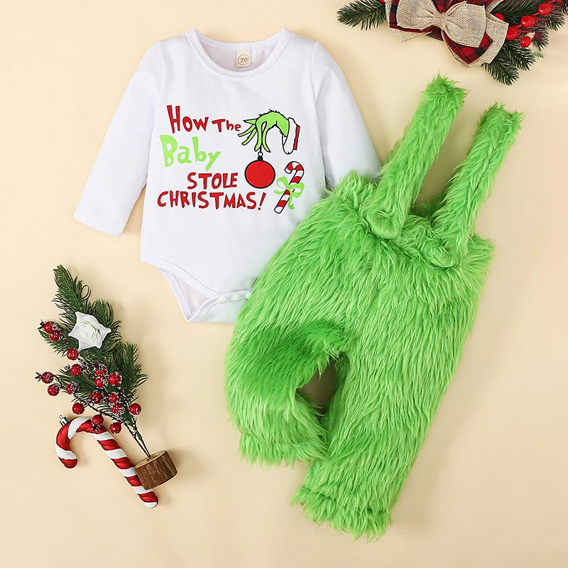 EWODOS 0-18M Baby Boys Girls Christmas Outfit Sets Monster Hand Letter Print Long Sleeve Bodysuit Green Fur Suspender Pants Set