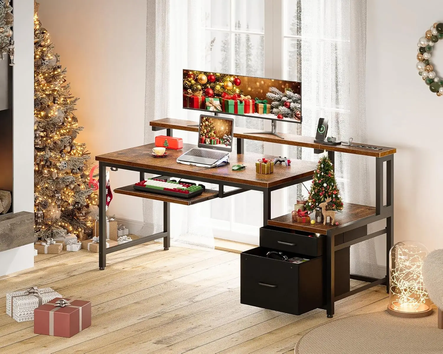 55" Office Desk with Drawers, Keyboard Tray, Power Outlet & USB Ports for Home Study Work