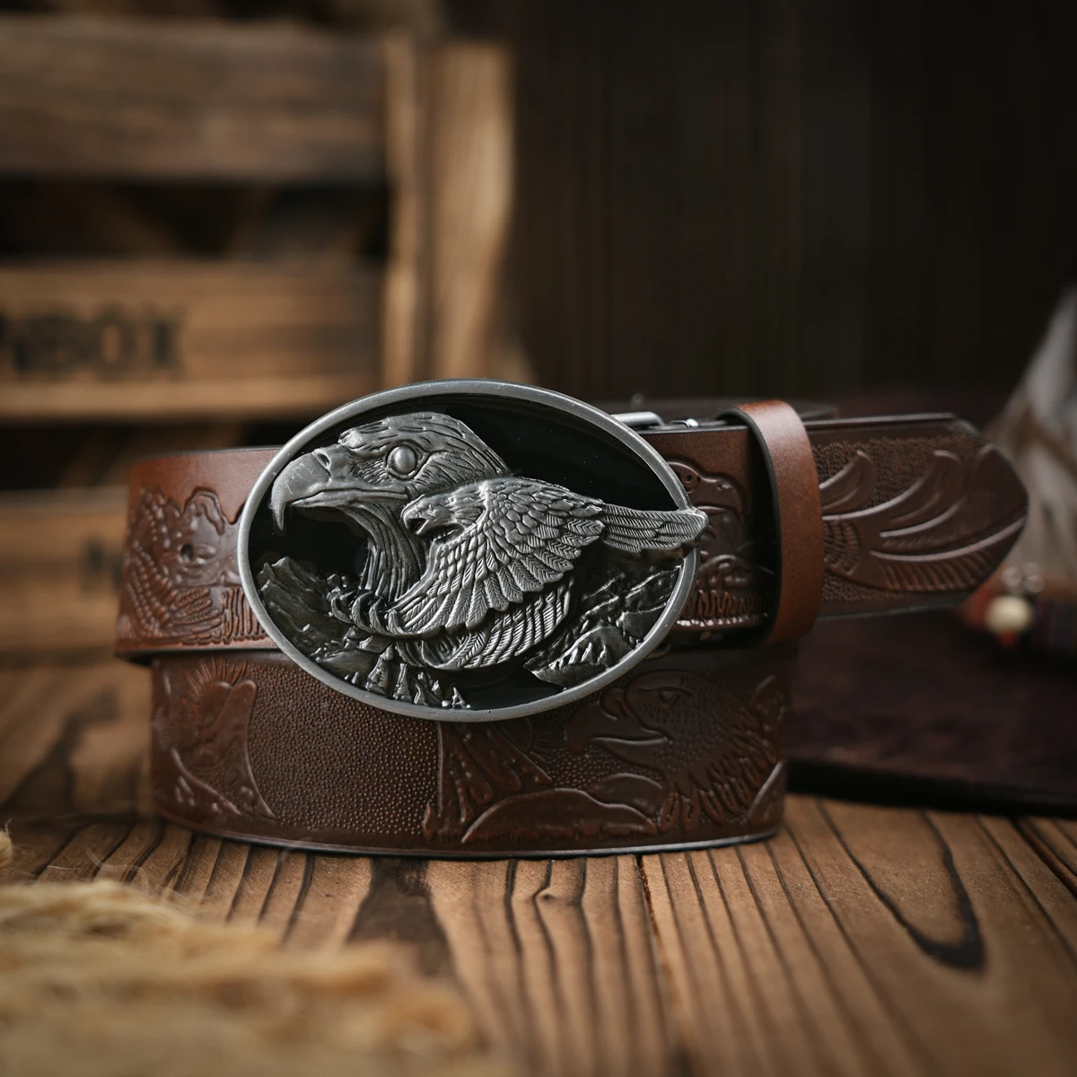 Western Cowboy Leather Buckle Belts eagle Pattern Floral Engraved Buckle Belt for Men