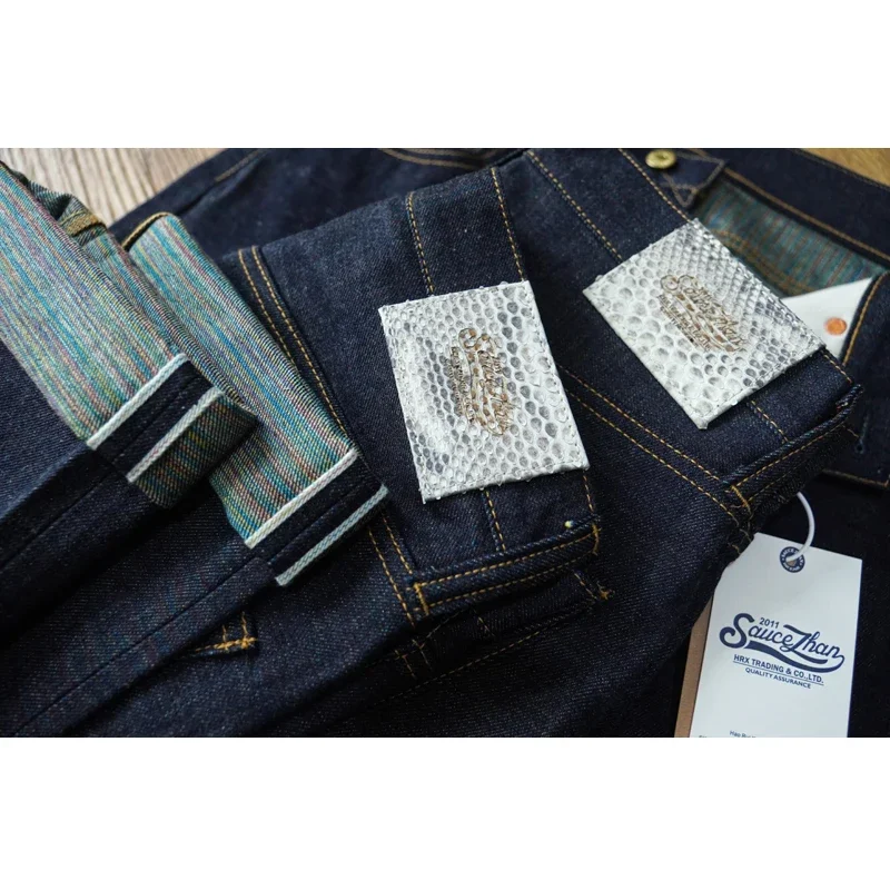 SAUCE ZHAN Mans Jeans Rainbow Sanforized Selvedge Denim Jeans Man Python Skin Labels Regular Fit 14 Oz