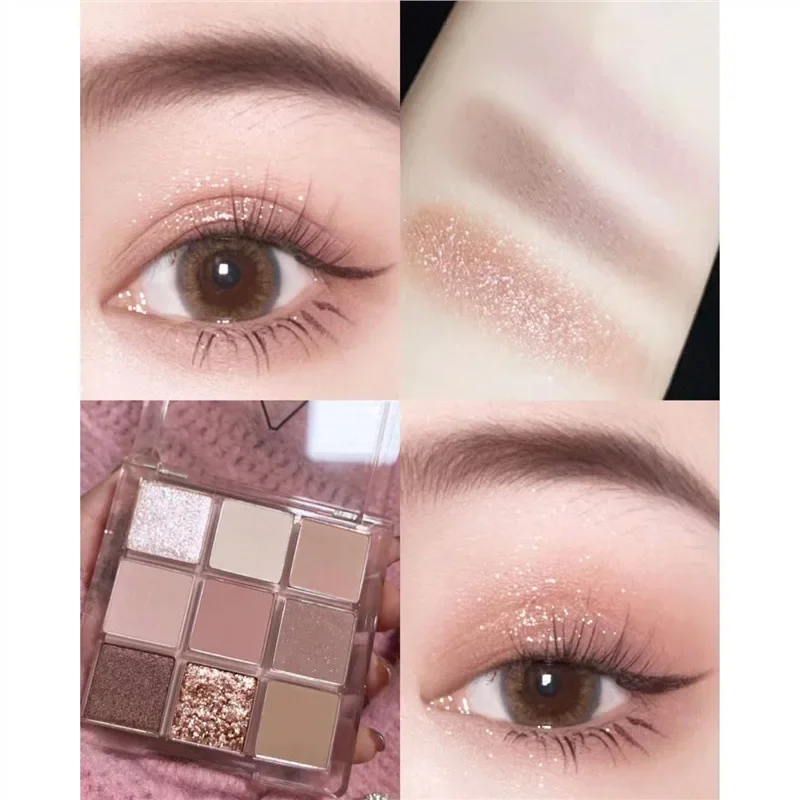 Paleta de sombras de ojos de nueve colores, rosa, perlado, mate, brillo, sombra de ojos brillante, maquillaje de ojos de larga duración