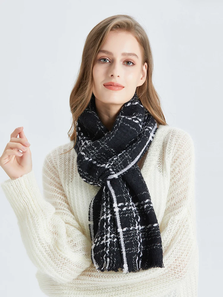 elle-ニットスカーフ女性の秋冬チェック柄暖かい厚みのあるファッショナブルな多用途首保護スカーフショールファッションアクセサリー
