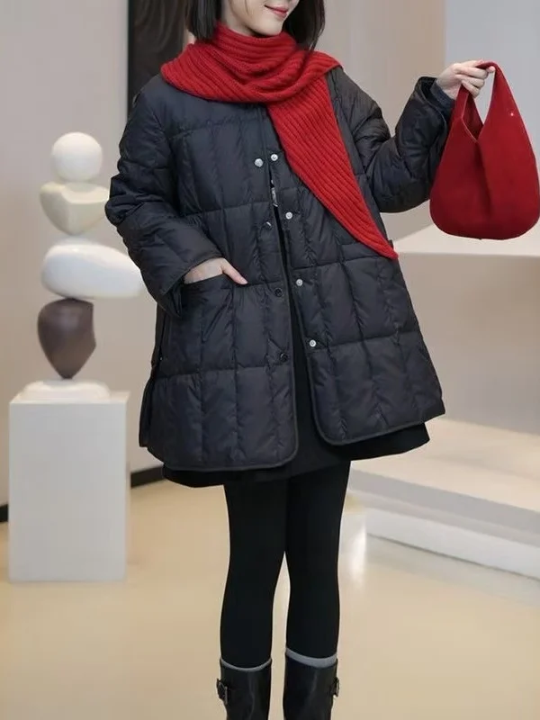 

Faionable Casual Plaid Midi Color round Ne Jaet Women's Autumn Winter New Arrival Cotton Blend Thiened Coat