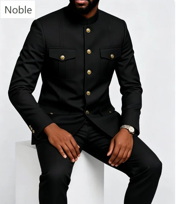 2 Piece Men Suit Military Style Mandarin Stand Collar Gold Buttons Multi Pockets Slim Fit Wedding Party Business Customized