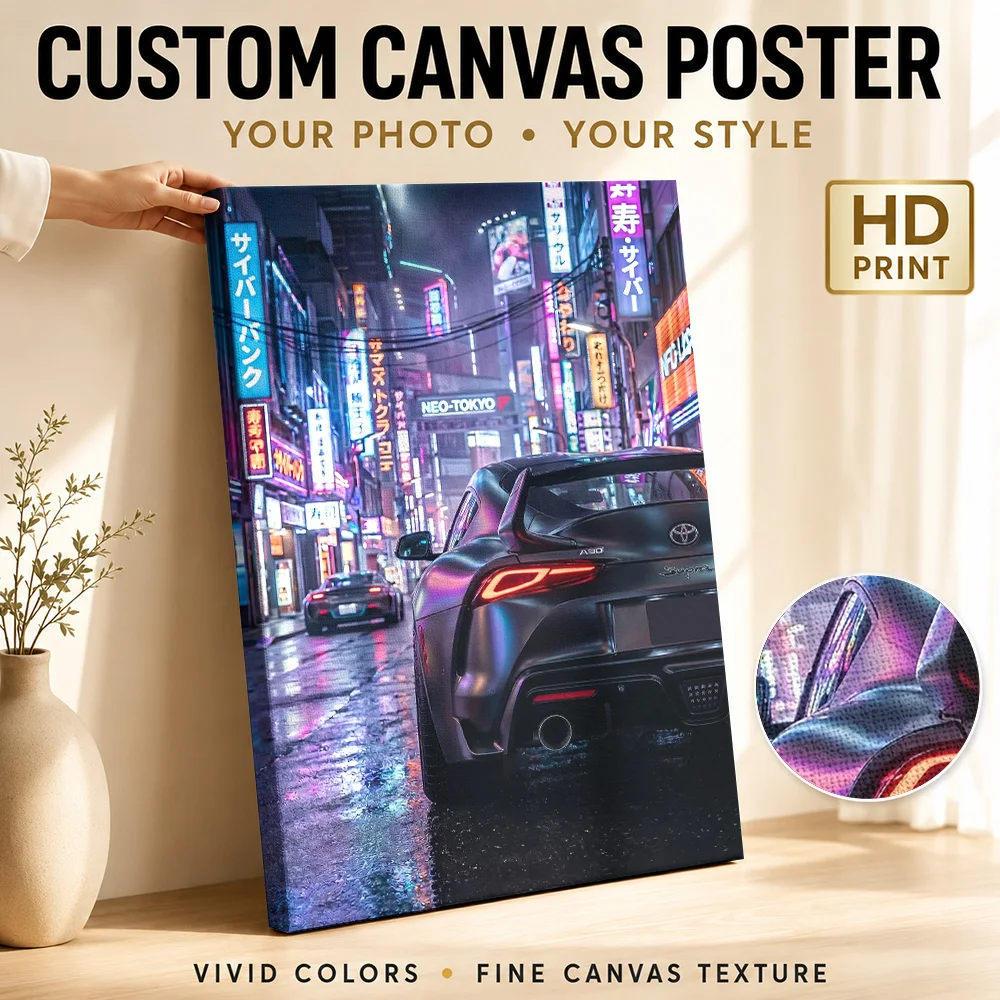 Cyberpunk Tokyo Street with Sports Cars Framed Canvas Print Poster Customized Photo Gaming Anime Wall Art for Game Room Decor