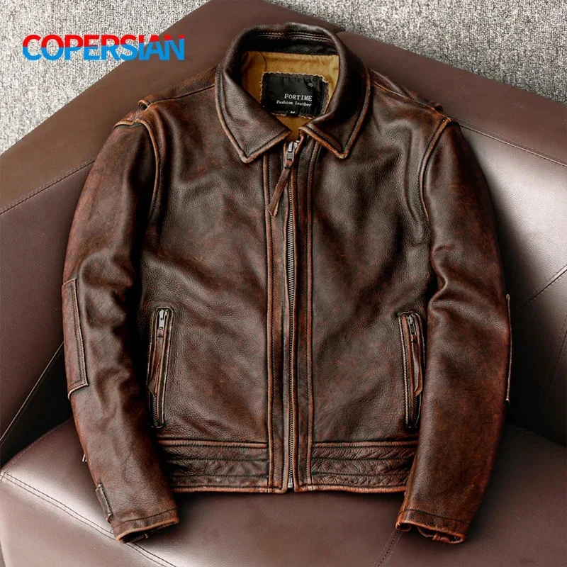 2025New Men Leather Jacket Swallow Tailed Vintage Motorcycle Top Cowhide Coat Male Biker Clothing