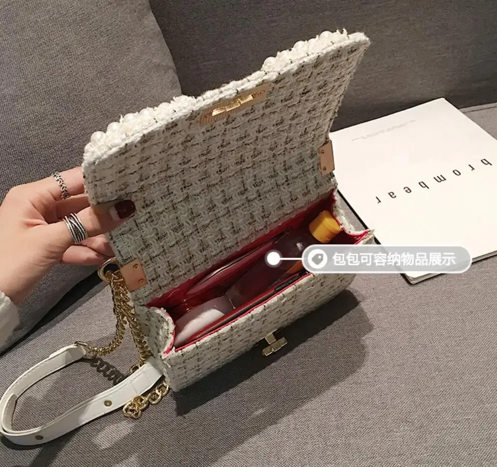 2021 Fashion New Female Square Tote Bag Quality Woolen Pearl Women\'s Designer Handbag Ladies Chain Shoulder Crossbody Bag Travel