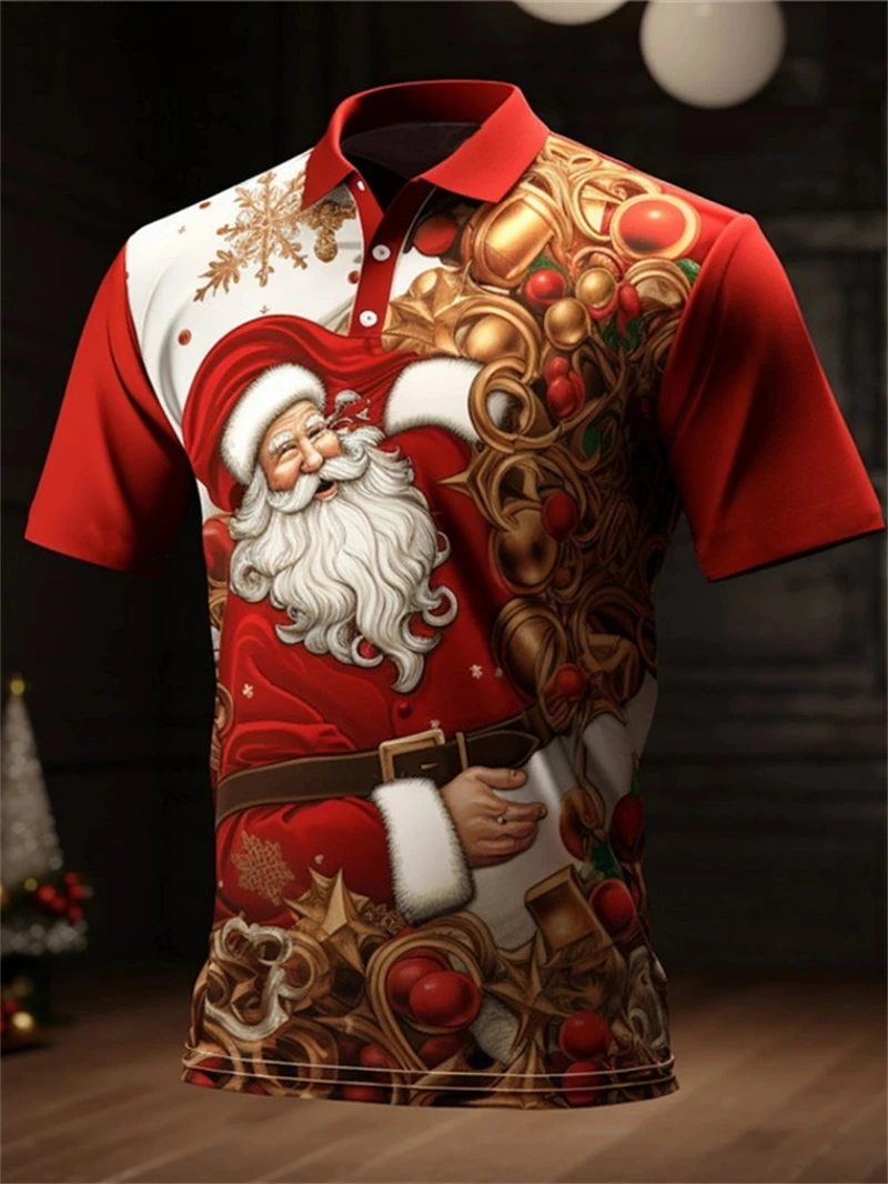 Christmas Men's Short Sleeve Polo Shirt  Full Print Santa Claus Graphic Tee Shirt Tops Casual Men Oversized Golf Shirt Clothes