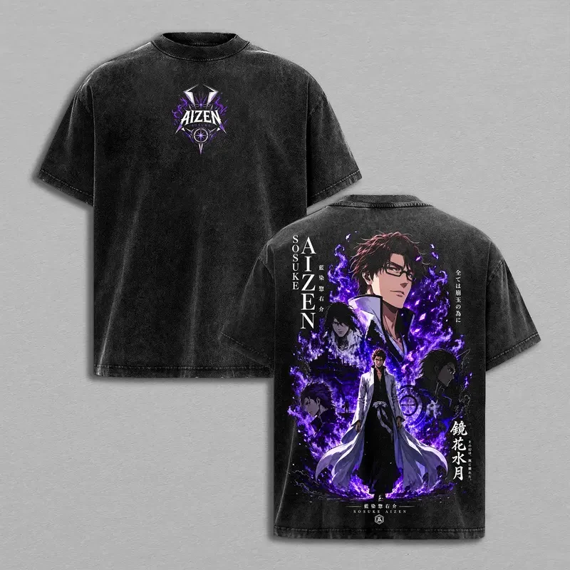 BLEACH Aizen Sousuke Anime Retro T Shirt Harajuku Vintage Washed Streetwear Men Clothing Oversized High Quality Cotton T-shirt