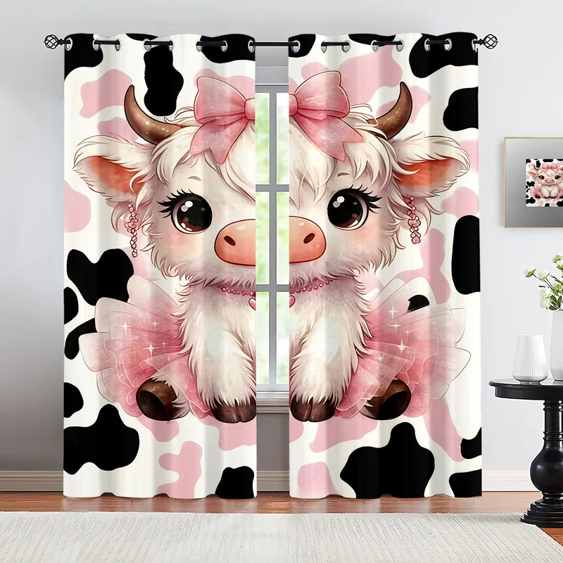 Pink Cartoon Cow Curtains 2Pcs,Light‑Shielding Easy To Install,Ideal Kids Bedroom Decoration,Lovely Sweet Apartment Decor