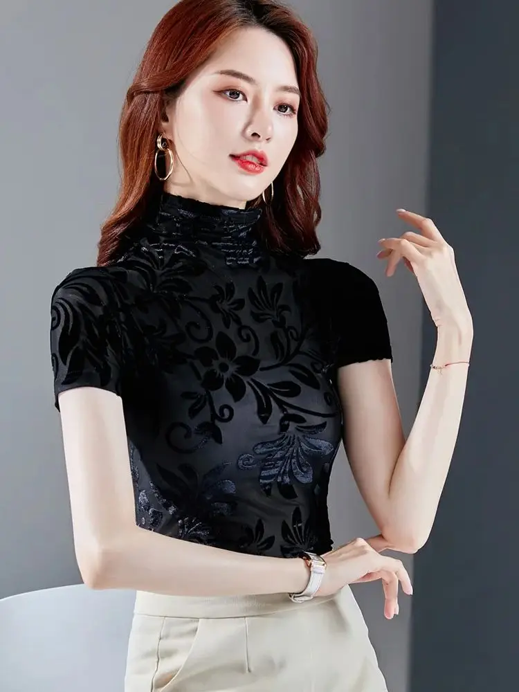 2024 Trend Mesh Female T-shirt Spring Summer Korean Version Woman M-3XL Short Sleeves Slim Turtleneck Pullover Velvet