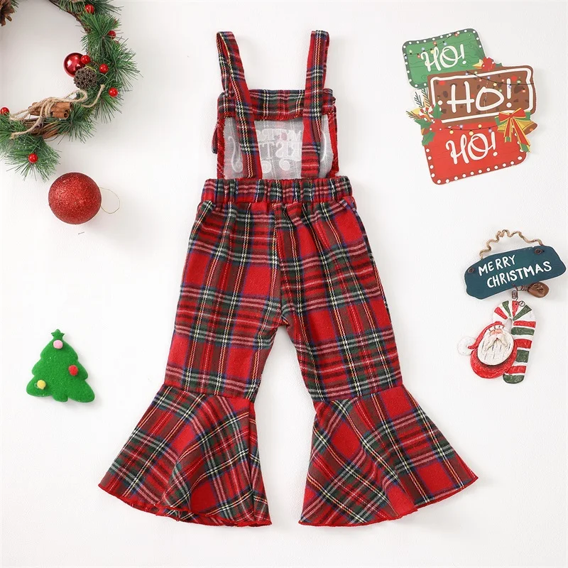 Suefunskry Little Girls Christmas Jumpsuit Sleeveless Letter Embroidery Plaid Suspender Romper Flared Pants